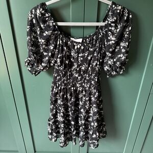 Victoria And Sophia Summer Floral Sundress Black Flare And Puffy Sleeves Size S